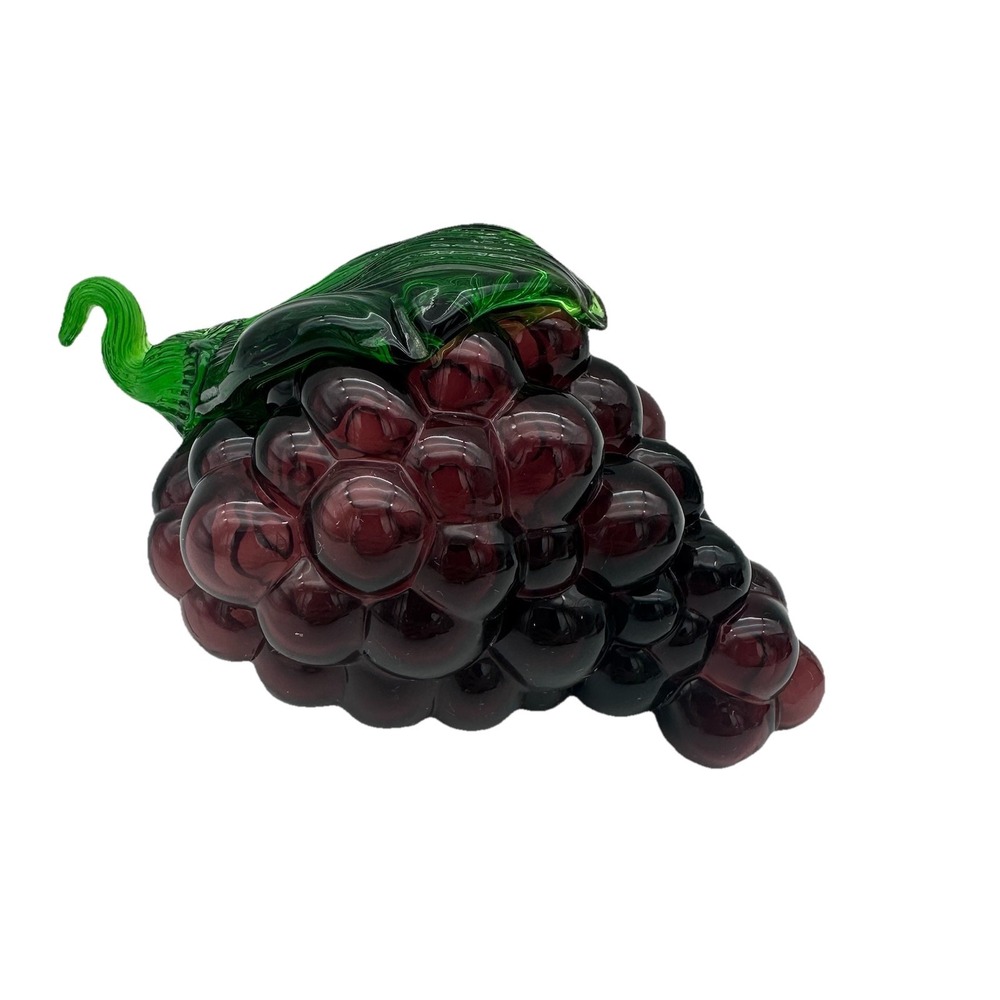 Vintage MCM Art Glass Purple Grapes Cluster W/Green Stem 6" Decorative Fruit